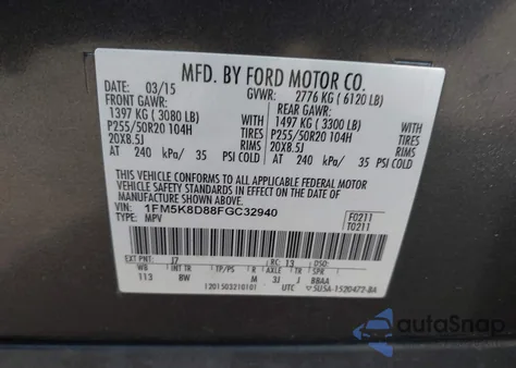 2015 Ford Explorer Xlt из США, поврежденный, VIN 1FM5K8D88FGC32940